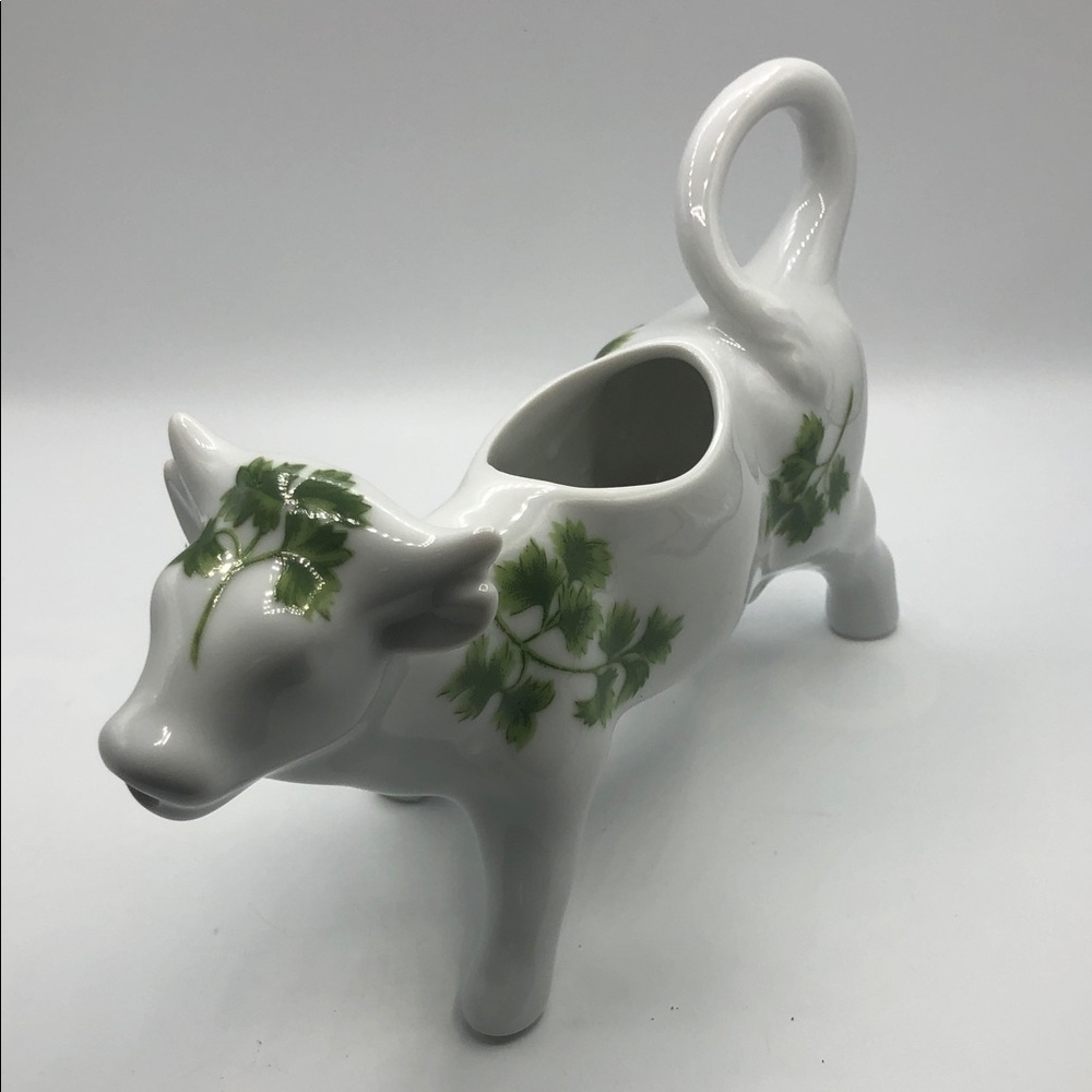 Andrea by Sadek Cow milk Creamer Numbered White with Green Leaf Detail 8276